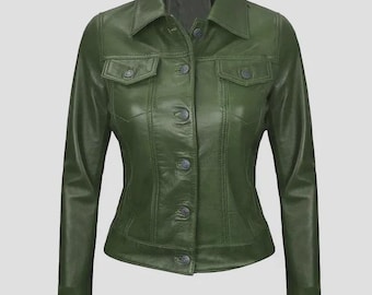 Damen Grün Leder Trucker Jacke Handgemachte Klassische Knopfleiste lässige Oberbekleidung