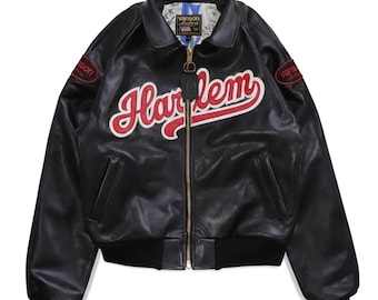 Harlem Varsity Bomber Jacket Black Leather Unisex Streetwear Handmade College Style Outerwear