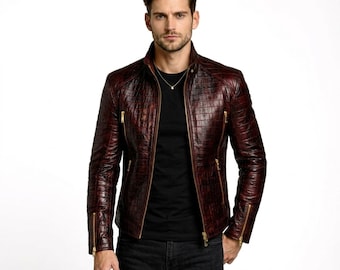 Herren Red Krokodil Geprägte Lederjacke Handmade Slim Fit Biker Moto Luxus Oberbekleidung