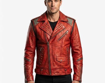 Michael Jackson Beat It Inspiriert Rote Lederjacke Handmade Nieten Vintage Biker Style