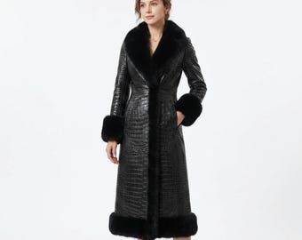 Damen Krokodil Geprägte Leder Trench Handmade Kunstpelz Langer Luxus Wintermantel Taillierte Oberbekleidung