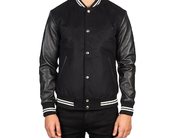 Herren Schwarz Varsity Jacke Handgefertigte Leder Ärmel College-Stil Benutzerdefinierte Oberbekleidung