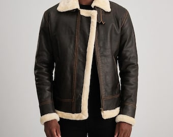 Herren B3 Lammfell Bomberjacke Braun Schaffell Leder Handmade Aviator Pilot Wintermantel