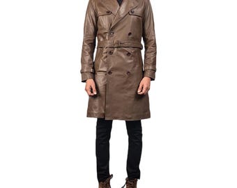 Herren Braun Leder Duster Mantel Handgefertigte Kalbsleder Vintage Trench Style Zweireihige Gürtel Oberbekleidung