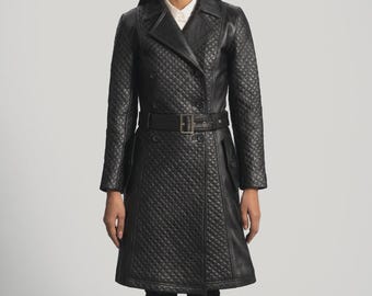 Schwarzer Leder Trenchcoat Damen Luxus Schaffell Gürtel Handgefertigte Zweireihige Winter Oberbekleidung