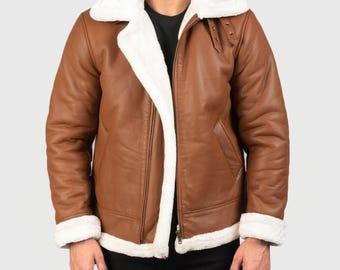 Herren Brown Schaffell Leder B3 Bomberjacke: Fliegermantel mit Shearling-Futter
