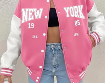 Rosa Wollärmel Varsity Jacke im New Yorker Letterman Bomber Style