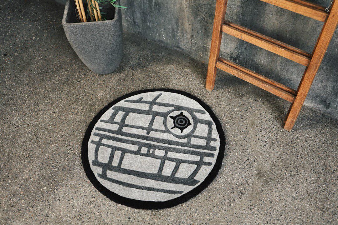 Round Tufted Rug • Futuristic Space Sphere Pattern • Grey & Black Rug ...