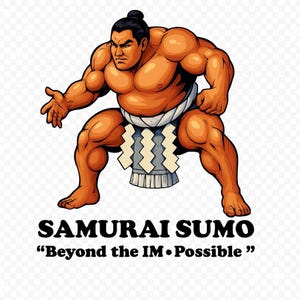 Könnte beinhalten: Illustration eines muskulösen Sumo-Ringers in Kampfhaltung. Der Ringer hat gebräunte Haut, einen schwarzen Haarknoten und trägt einen traditionellen Mawashi. Das Bild enthält den Text "SAMURAI SUMO" und "Beyond the IM•Possible".