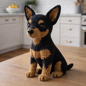 Può includere: Figurina di cane all'uncinetto in posizione seduta. Il cane è nero e marrone chiaro, con accenti marroni chiari sul petto, sulle zampe e sulle orecchie. Gli occhi sono neri e il naso è scuro. La figurina è su una superficie di legno.