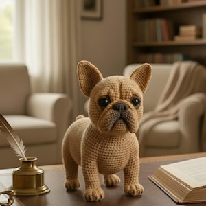 Puede incluir: Un bulldog francés tejido en color beige, con un hocico detallado y orejas caídas. El perro está sobre una superficie marrón, cerca de un tintero vintage y un libro abierto. El fondo muestra una estantería y asientos.