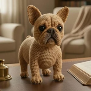 Könnte beinhalten: Gehäkelte Französische Bulldoggen-Figur in Brauntönen. Der handgefertigte Hund hat große, dunkle Augen und ein unverwechselbares faltiges Gesicht. Er steht auf vier Pfoten, die Ohren sind aufgestellt. Das Objekt ist dekorativ.