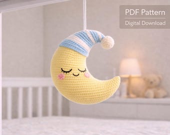 Amigurumi Moon Crib Hanging Pattern PDF – Crochet Moon Nursery Decor – Baby Bed Headboard Hanging – Digital Download