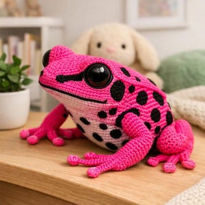 May include: A handmade, pink crochet frog with black spots and large, black eyes. The frog is sitting on a wooden surface. A stuffed bunny is in the background.