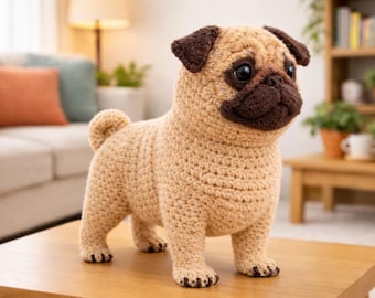 Carlin motif PDF au crochet, tutoriel peluche chien Amigurumi, jouet pour chien au crochet bricolage, carlin réaliste, motif animalier, téléchargement numérique
