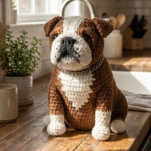 May include: A handmade crochet bulldog figure in shades of brown, white, and black. The dog has a silver chain collar and is sitting upright. The crochet dog is a decorative item.