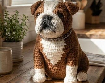 Patrón PDF de amigurumi de bulldog a crochet con instrucciones detalladas paso a paso, juguete de peluche hecho a mano para niños, descarga digital instantánea.
