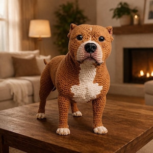 May include: A crocheted dog figurine in shades of brown and white, standing on a wooden table. The dog has a white chest marking and white paws. The background includes a couch, fireplace, and lamp.