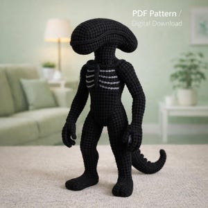 Patrón de crochet para amigurumi de extraterrestre (PDF) – Juguete de extraterrestre xenomorfo – Peluche de ciencia ficción – Monstruo negro de crochet – Patrón de crochet para Halloween