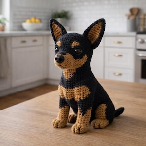 Puede incluir: Figura de perro de ganchillo, negro con marcas marrones en el pecho, las patas y la cara. Tiene orejas grandes y erguidas y una cola pequeña. El perro está sentado sobre una superficie de madera. Fondo de cocina.
