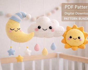 Baby Mobile Crochet Pattern Bundle | Sun Moon Cloud Amigurumi | Nursery Hanging Decor PDF | Digital Download