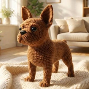Puede incluir: Figura de perro bulldog francés de ganchillo marrón, con orejas grandes y erguidas y ojos negros. El perro hecho a mano está de pie sobre una manta color crema. El perro tiene una cola corta y una nariz negra.