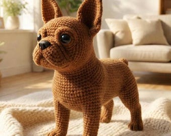 May include: A brown crocheted French Bulldog dog ornament with large, upright ears and black eyes. The handmade dog is standing on a cream-coloured blanket. The dog has a short tail and a black nose.