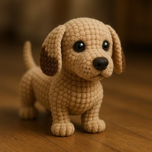 May include: A crocheted dachshund dog figurine in tan with dark brown ear tips and a black nose. The dog has large, black eyes and is standing on a wooden surface. The handmade plush toy is a charming decorative item.