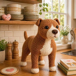 Puede incluir: Un perro de ganchillo hecho a mano en marrón y blanco, de pie sobre una superficie de madera. El perro amigurumi tiene un pecho y patas blancos, con una nariz y orejas marrones. Es un artículo decorativo.
