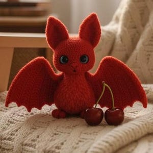 May include: A handmade, red crocheted bat with large, blue eyes and outstretched wings. Two cherries rest in front of the bat. The bat is sitting on a cream-colored, textured surface.