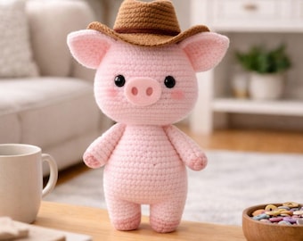 Handmade Amigurumi Pig with Cowboy Hat – Crochet Plush Toy | 15–20 cm Cute Decorative Pig | Home Decor & Gift