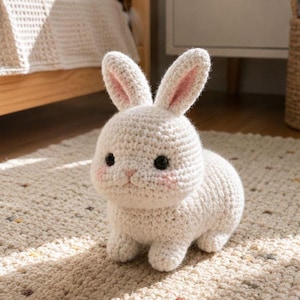 Może przedstawiać: Ręcznie robiony, biały króliczek z szydełka z różowymi uszami i różowymi policzkami. Królik amigurumi ma czarne oczy i siedzi na teksturowanym dywanie. Ta miękka zabawka to uroczy dodatek do każdego pokoju dziecięcego lub wystroju domu.
