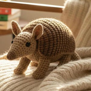 Peut inclure: Un jouet d'armadillo crocheté dans des tons bruns. L'animal en peluche fait à la main a une carapace texturée, de petites oreilles et des yeux noirs. Il est posé sur une surface texturée de couleur crème.
