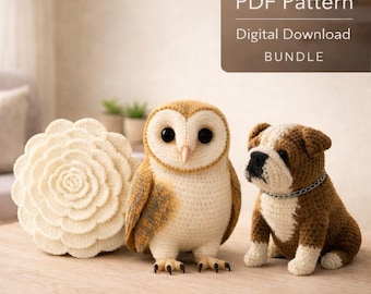 Advantage Crochet Pattern Bundle PDF – Owl, Bulldog and Flower Pillow Amigurumi Patterns | Digital Download