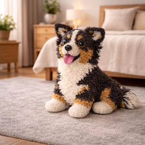 Pode incluir: Um brinquedo de pelúcia de cachorro em posição sentada, com um design tricolor em preto, branco e castanho claro. O brinquedo tem uma língua rosa saindo e está sentado em um tapete cinza. A pelagem do cão é fofa e texturizada, com um rosto detalhado.