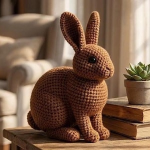 Könnte beinhalten: Eine braune Häkelkaninchenfigur mit großen Ohren und schwarzen Augen. Das handgefertigte Kaninchen sitzt aufrecht auf einer Holzoberfläche. Eine kleine Topf-Sukkulente und zwei Bücher befinden sich neben dem Kaninchen.