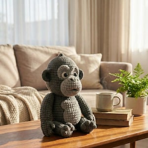 Puede incluir: Una mu&ntilde;eca de mono gris tejida a ganchillo con orejas grandes y una cara detallada est&aacute; sentada en una mesa de madera. El animal de peluche hecho a mano tiene un aspecto texturizado y est&aacute; en posici&oacute;n sentada. La mu&ntilde;eca es un juguete blando.