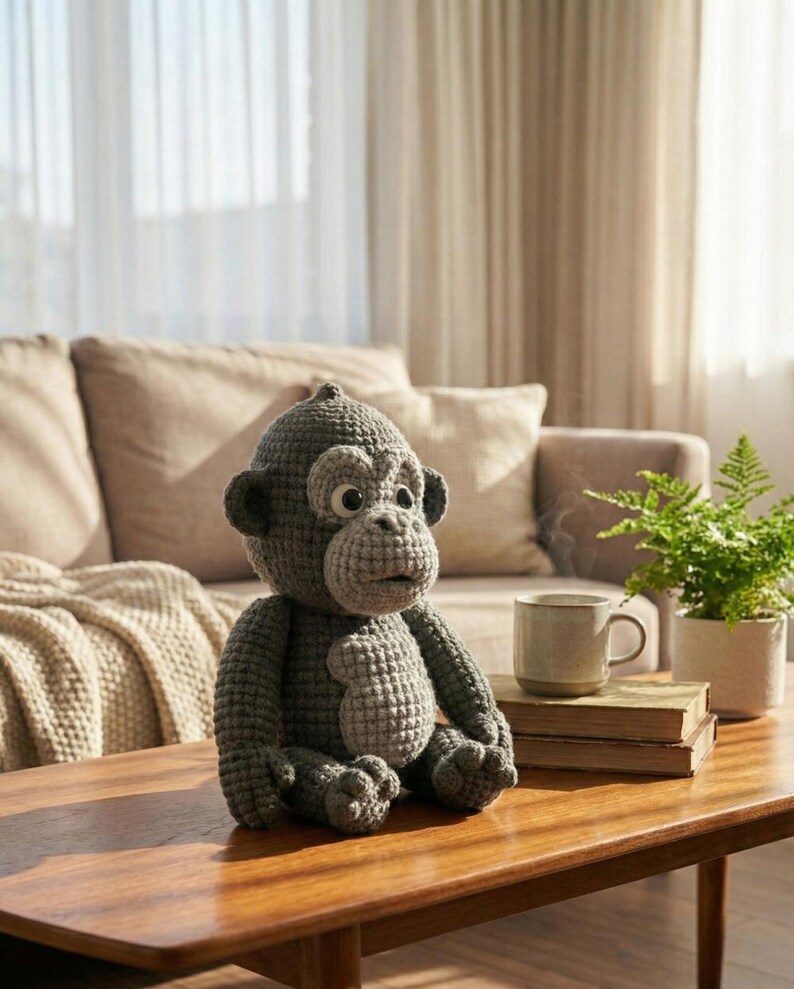 Puede incluir: Una mu&ntilde;eca de mono gris tejida a ganchillo con orejas grandes y una cara detallada est&aacute; sentada en una mesa de madera. El animal de peluche hecho a mano tiene un aspecto texturizado y est&aacute; en posici&oacute;n sentada. La mu&ntilde;eca es un juguete blando.