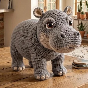 Pode incluir: Um brinquedo de hipopótamo de crochê cinza feito à mão com olhos grandes e expressivos e pequenas orelhas bege. O hipopótamo de pelúcia está em uma superfície de madeira, mostrando seu trabalho de crochê detalhado e design charmoso. Um animal encantador e artesanal para crianças.