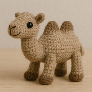 May include: A crocheted camel toy in shades of tan and brown. The handmade animal has a smiling face, black button eyes, and two humps on its back. The camel stands on four legs with darker brown hooves.