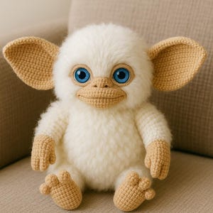 May include: A handmade, plush, off-white creature with large, blue eyes, and tan ears, hands, and feet. The soft toy is crocheted and has a friendly expression. It is sitting on a neutral-colored sofa.