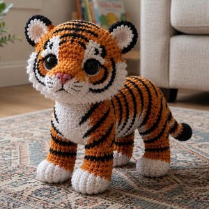 Puede incluir: Un juguete de tigre tejido a mano en naranja, negro y blanco. El tigre tiene grandes ojos negros y una nariz rosa. El juguete está sobre una alfombra estampada. El tigre mide aproximadamente 25 cm de alto y 30 cm de largo.