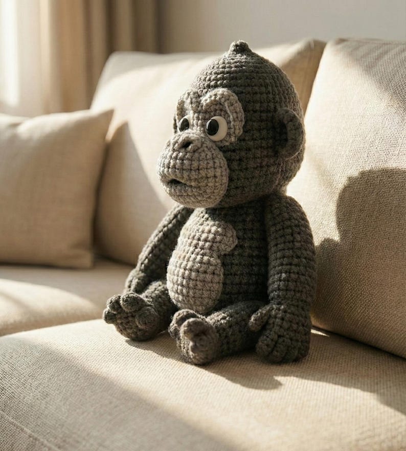 Puede incluir: Una mu&ntilde;eca de mono de ganchillo gris hecha a mano con cara, orejas y pecho de color gris claro. El peluche tiene ojos grandes y redondos y est&aacute; sentado en un sof&aacute; beige. El mono es un juguete suave y tierno.