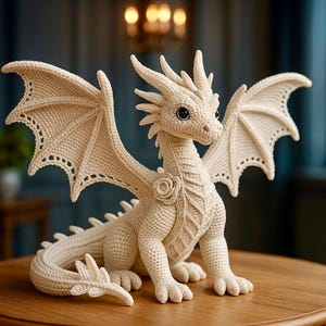 以下が含まれることがあります： クリーム色の、かぎ針編みのドラゴンの置物。詳細な翼、角、胸のバラの装飾が特徴です。 ドラゴンは木製の表面に座っており、その複雑なデザインと職人技を示しています。 ドラゴンの翼は広げられており、愛らしい表情をしています。