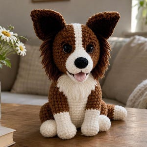 May include: A crocheted dog figurine in brown, white, and black, with large, expressive eyes and a pink tongue. The dog has large, floppy ears and is sitting upright. The figurine is on a wooden surface.