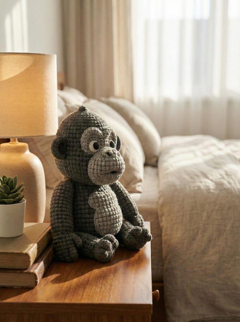 Puede incluir: Un mu&ntilde;eco de mono de ganchillo gris hecho a mano, con la cara y el vientre de color gris claro, est&aacute; sentado en una mesita de noche de madera. El mono tiene ojos grandes y est&aacute; junto a una l&aacute;mpara, libros y una peque&ntilde;a planta en una maceta blanca.