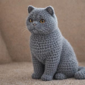 Puede incluir: Una figura de gato de ganchillo gris hecha a mano, con ojos amarillos y bigotes blancos. El gato está sentado erguido, con las orejas levantadas y la cola enroscada. El gato está hecho de un hilo suave y texturizado.