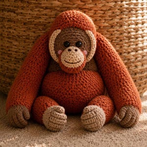 Könnte beinhalten: Handgefertigte Häkelfigur eines Orang-Utans in Braun-, Beige- und Pfirsichtönen. Das Stofftier hat ein lächelndes Gesicht und lange Arme. Die Puppe sitzt auf einer neutralen Oberfläche. Die Häkelarbeit hat eine strukturierte Optik.