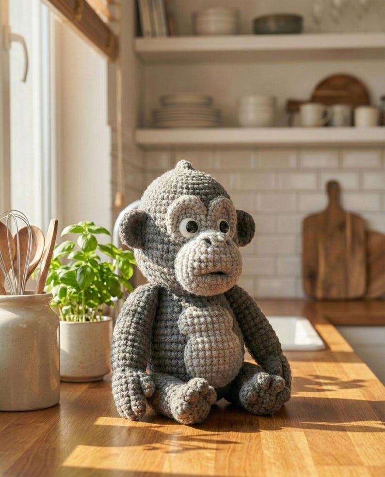 Puede incluir: Una mu&ntilde;eca de mono de ganchillo gris hecha a mano con ojos grandes y una expresi&oacute;n de sorpresa. El peluche est&aacute; sentado sobre una superficie de madera, con un fondo de cocina con plantas y estantes.