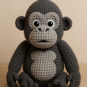 Puede incluir: Un peluche de gorila hecho a mano con ganchillo en tonos grises. El gorila tiene ojos grandes y expresivos, una cara, pecho y manos de color gris claro. El peluche est&aacute; sentado con los brazos y las piernas extendidos. Un peluche lindo y tierno.